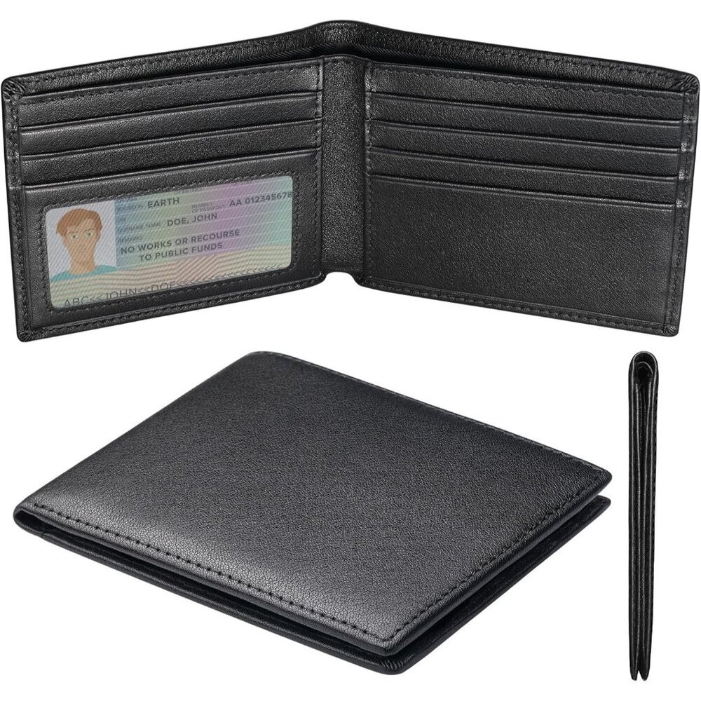 Men's Slim Bifold Wallet Credit Card Black Genuine Leather Blocking Designed